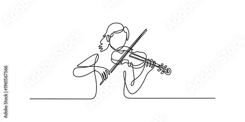 Continuous line drawing of a woman musician playing a violin against a plain white background.