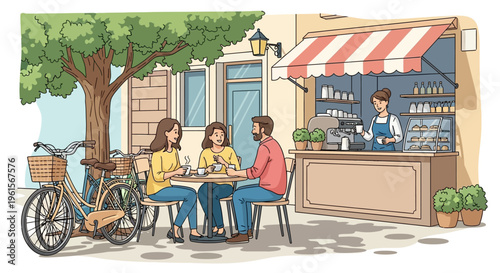 People sitting at outdoor cafe table.