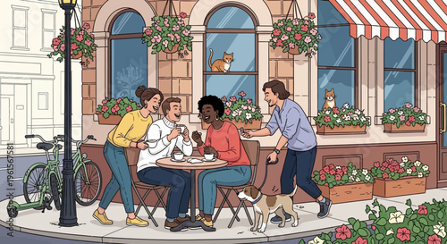 People sitting at outdoor cafe table.