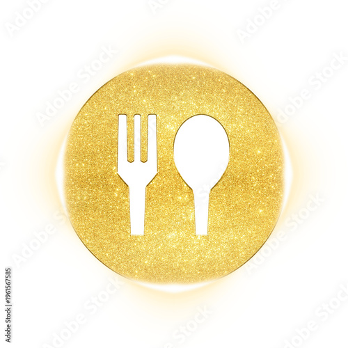 Luxury gold glitter fork and spoon icon for restaurant dining menu