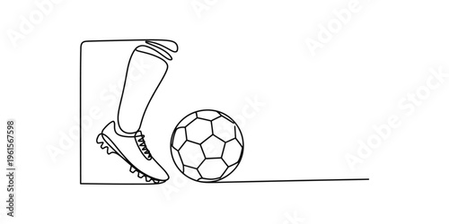 Continuous one line drawing of a soccer player leg kicking a ball on white background.