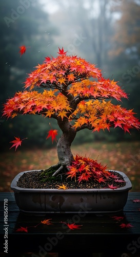 Vibrant Autumn Bonsai - A Miniature Maple Tree in Full Fall Color.