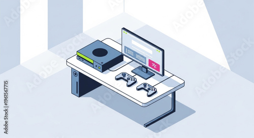Isometric Gaming Setup with Console, Monitor, and Controllers.