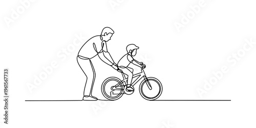 Father teaching his little son how to ride a bicycle in a continuous line drawing style.