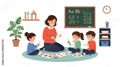 Kindergarten teacher sitting on a rug with children while they all practice cutting paper shapes during a creative art and craft lesson.