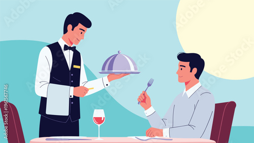 Professional waiter in a vest and bow tie serving a covered silver dish to a male customer sitting at a table in a high end restaurant.