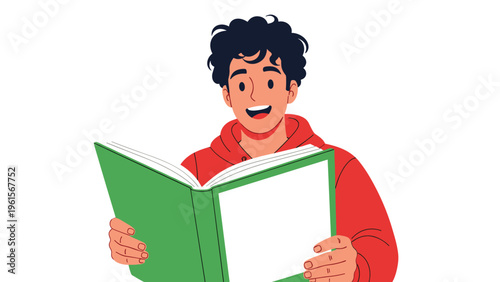 Enthusiastic young man with curly hair wearing a red hoodie holding an open book with blank pages and looking very surprised and happy.