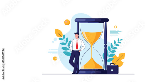 Ambitious businessman leaning against a large hourglass representing time management and efficiency in a professional work environment.
