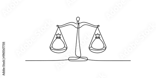 Continuous line drawing of a balance scale with money bags representing financial equality and justice.