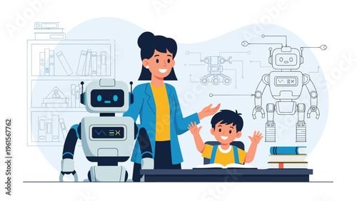 Female teacher and a young student interacting with a modern robot in a classroom setting to learn about advanced robotics and technology.