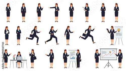 Set of business woman character sprites in formal suits performing various actions like standing, running, and giving data presentations.