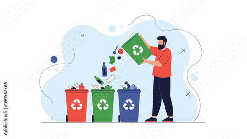 Responsible man sorting household waste into different recycling bins for plastic, paper, and glass to promote environmental sustainability.