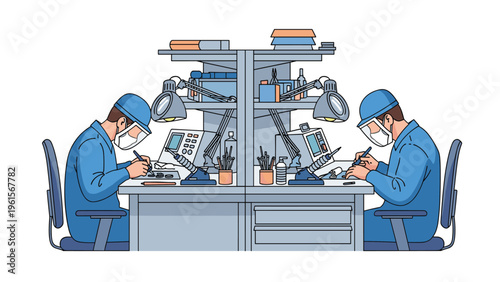 Skilled electronics technicians wearing protective masks and helmets perform precise soldering on circuit boards at a laboratory.