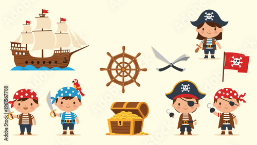 Collection of cute pirate characters and nautical icons including a sailing ship, treasure chest, parrot, and wooden ship wheel.