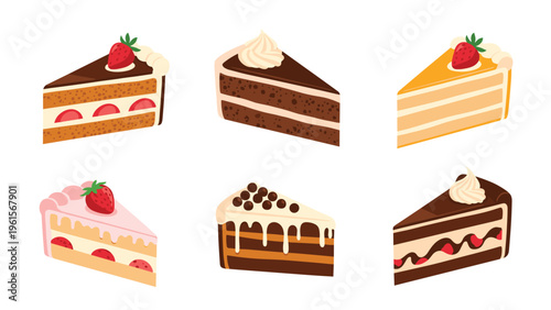 Collection of six delicious looking cake slices including chocolate, strawberry, and cream flavors with various toppings and fillings.