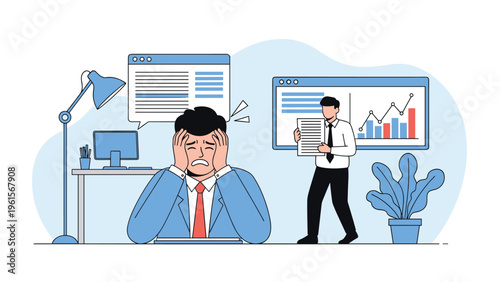 Overwhelmed businessman holding his head in stress at his desk with data charts and a colleague in the background in a modern office.
