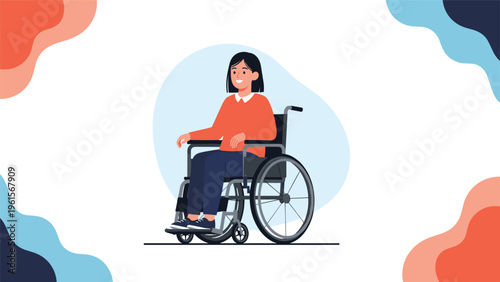 Cheerful young woman sitting in a wheelchair and smiling confidently against a decorative background, representing disability inclusion and positivity.