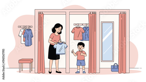 Helpful mother showing a new t-shirt to her young son who is giving a thumbs up in a brightly lit clothing store fitting room.