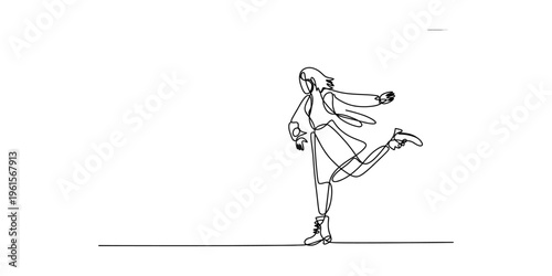 Continuous line drawing of a happy young woman dancing and jumping with joy and freedom