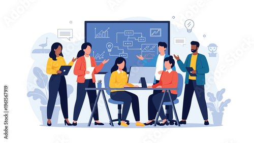 Diverse group of creative professionals collaborating on a project around a computer and a large presentation screen in a modern office.