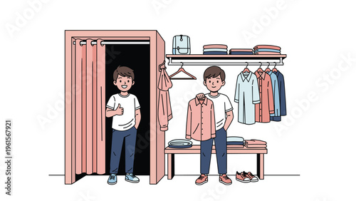 Young boy happily trying on a new shirt in a clothing store fitting room and giving a thumbs up gesture of approval.