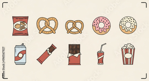 Assorted Unhealthy Snacks and Drinks Illustration.