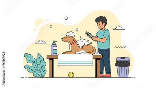 Kind young boy carefully washing and brushing his pet dog on a table with bubbles and grooming supplies in a warm outdoor setting.