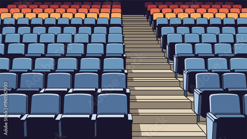 Symmetric view of empty rows of blue and orange seats separated by a central staircase in a large stadium, arena, or theater.