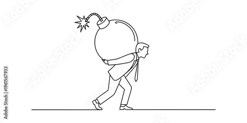 Businessman carrying a large lit bomb on his back representing high pressure and risk in the workplace.