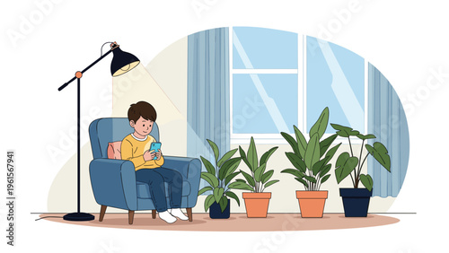 Comfortable young child sitting in a large blue armchair and using a smartphone surrounded by several indoor potted plants.