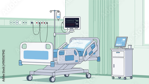 Modern empty hospital patient room featuring an adjustable medical bed, vital sign monitors, and intravenous equipment in a clean setting.