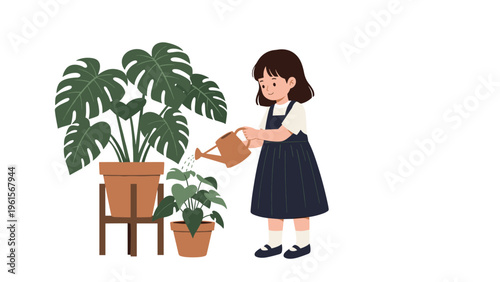 Diligent young girl in a blue dress watering several large and small indoor potted plants with a brown watering can.