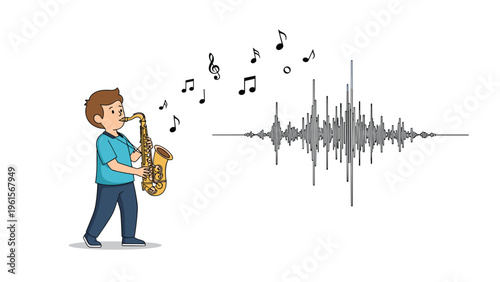 Talented young boy playing a gold saxophone with floating musical notes and a large digital sound wave visualization in the background.