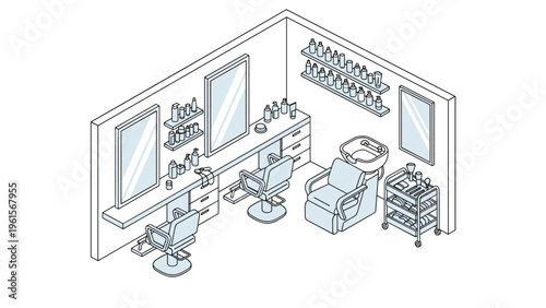 Modern hair salon interior in an isometric view showing styling chairs, large mirrors, a washing station, and shelves with products.