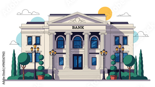 Large classic stone bank building with tall columns, a central entrance, and a clear sign against a bright sunny sky with trees.