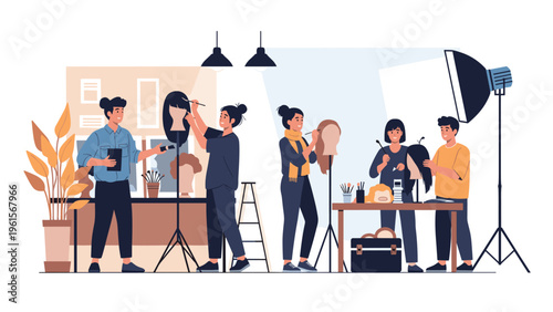 Team of professional hair stylists and wig makers working with various mannequins, hair pieces, and equipment in a bright studio.