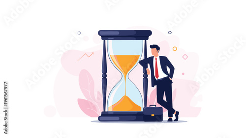 Businessman in a suit leaning against a giant hourglass, contemplating time management, deadlines, or the passage of time in business.