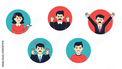Collection of five circular icons featuring male and female characters expressing various negative emotions like anger, frustration, and sadness.