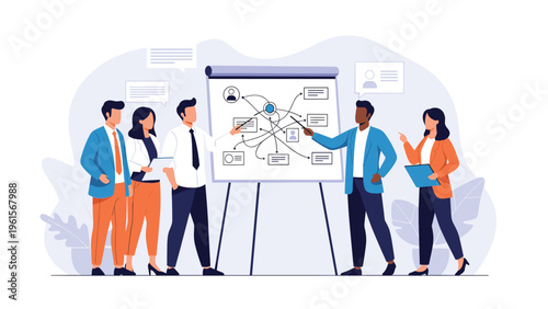 Diverse group of business professionals standing around a white board brainstorming and planning project strategy together in a modern office.