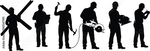 Silhouette illustration of six construction workers performing tasks including carrying beams, inspecting plans, hammering, sawing, drilling, and wrenching, symbolizing teamwork, indust