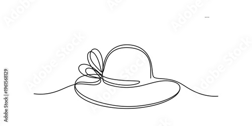 Elegant one line drawing of a woman's summer sun hat with a decorative ribbon bow