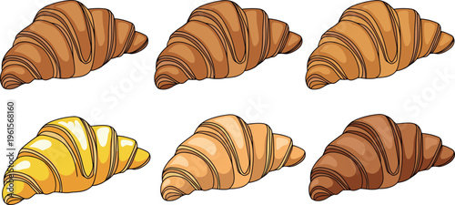 Croissant Vector Set Featuring Different Pastry Variations, Golden Baked Bread, and French Bakery Food Illustrations for Breakfast and Cafe Design