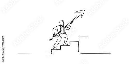 Continuous line drawing of a businessman climbing stairs while holding an upward arrow