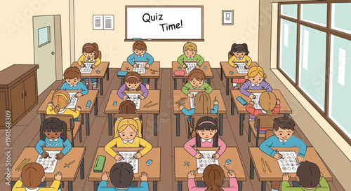 Students sitting at desks in classroom.