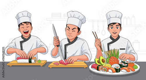 Three chefs preparing sushi.