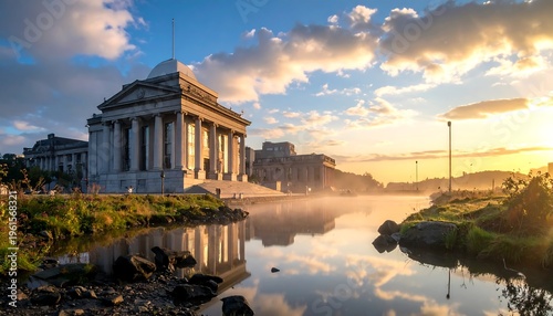 Majestic Classical Architecture at Sunrise Reflecting in Calm Water.