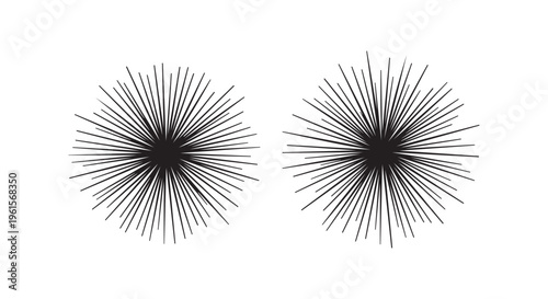 A pair of black abstract radial line art designs on white background