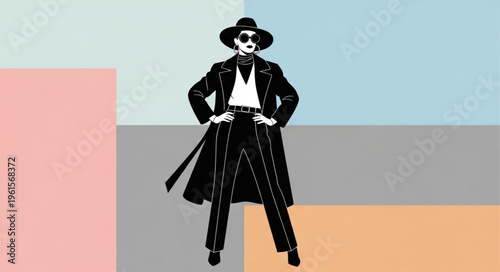 Stylish Woman in Black Coat and Hat, Fashion Illustration.