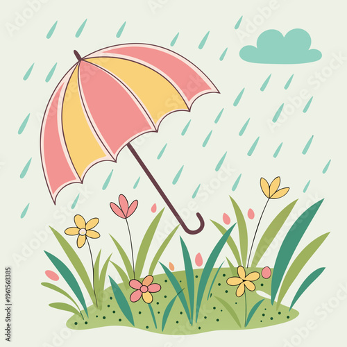 April Showers Spring Rain Umbrella Scene Vector Illustration