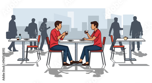 Two men sitting at table eating.
